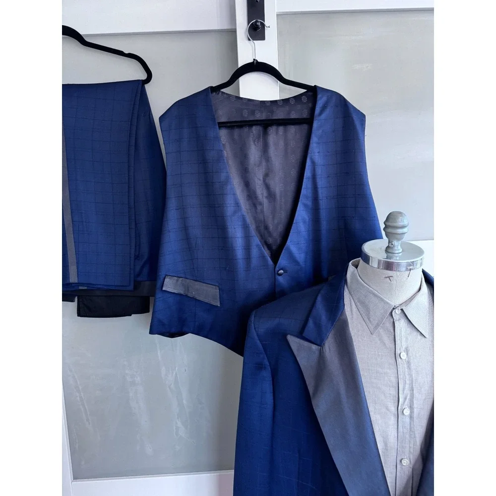 Lou‎ Myles Men's 52 Navy Blue Tuxedo 3 Piece Suit Vest 47x28 Satin Trim VTG